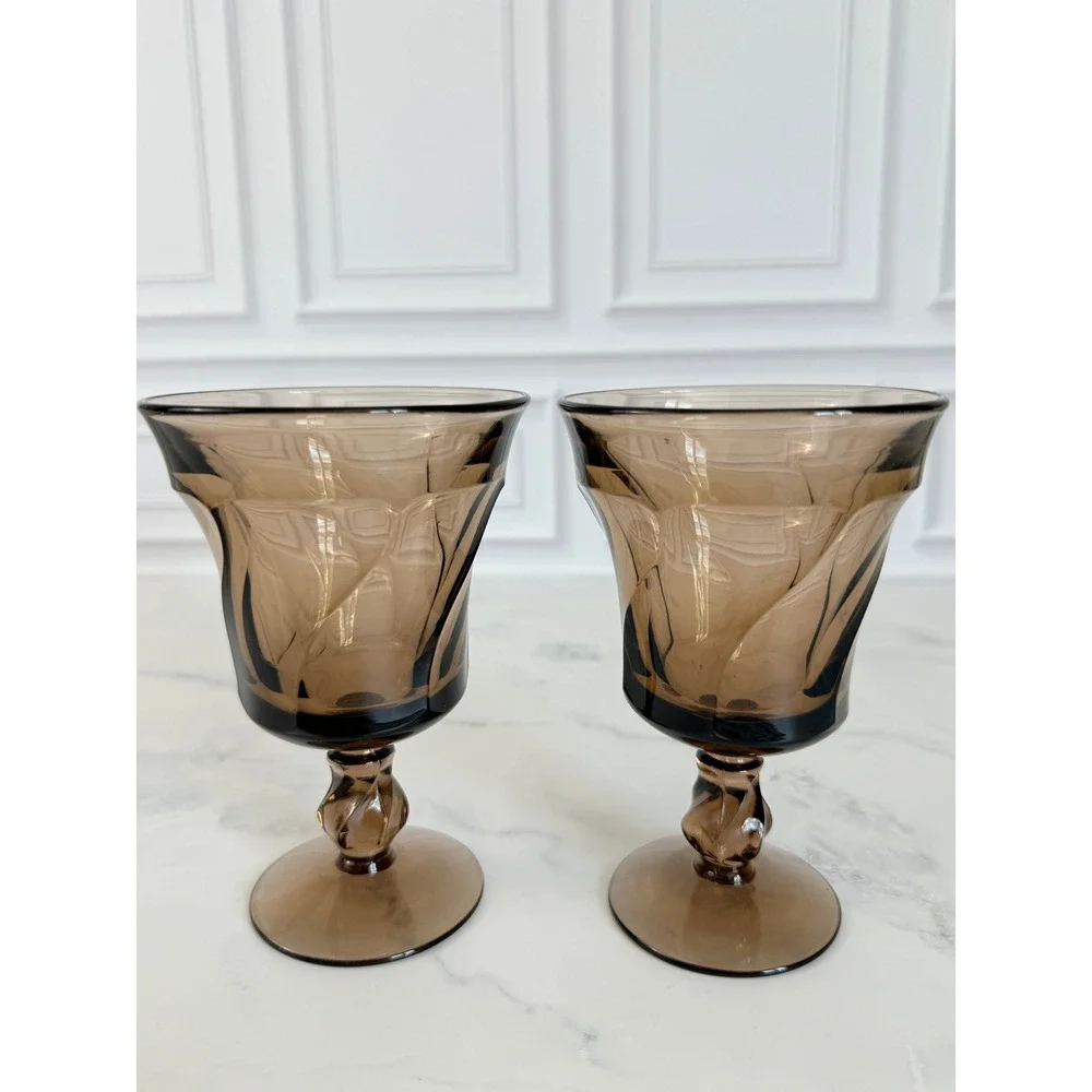 VTG Pair (2) Fostoria Jamestown Brown Swirl Water Goblets 5 7/8